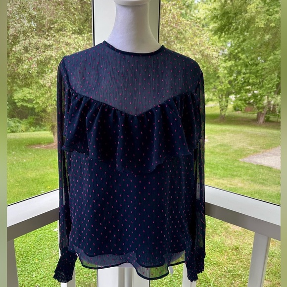 Express Tops - Express Sheer Navy Sleeve Blouse Hot Pink Polka Dots & Ruffle Detail - Size M